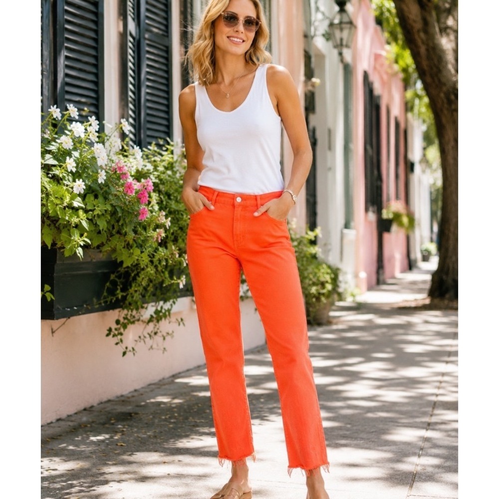 Crown & Ivy Womens Neon Orange Highβ Rise Straight Leg Raw Hem Jeans Sz 14